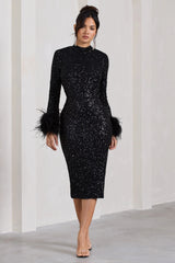 Marilyn | Black Sequin Long-Sleeved Midi Dress With Feather Cuffs