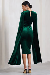 Flawless | Bottle Green Velvet Square Neck Midi Dress With Cape Sleeves