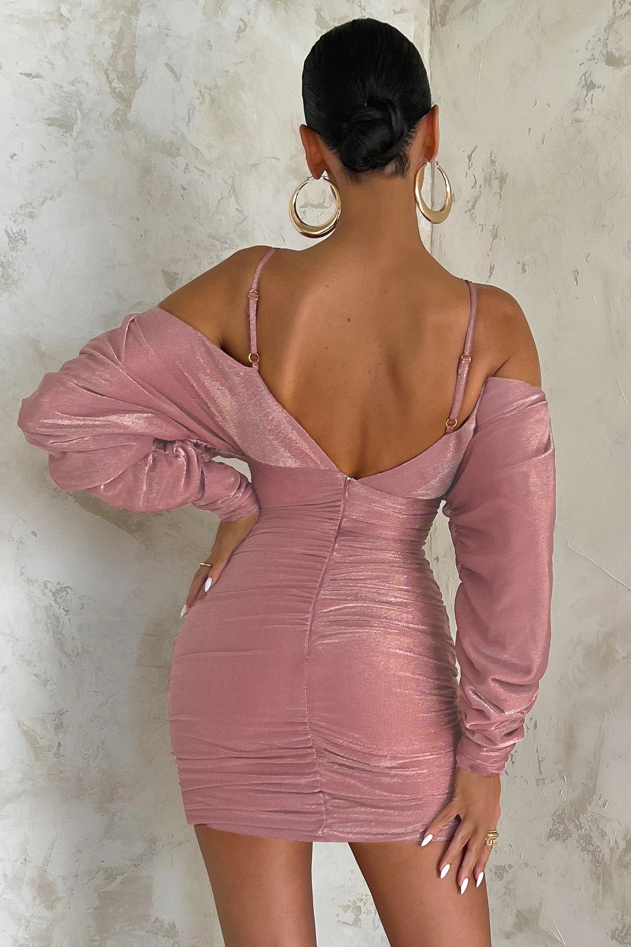 Cupid's Wish | Rose Metallic Off The Shoulder Ruched Mini Dress