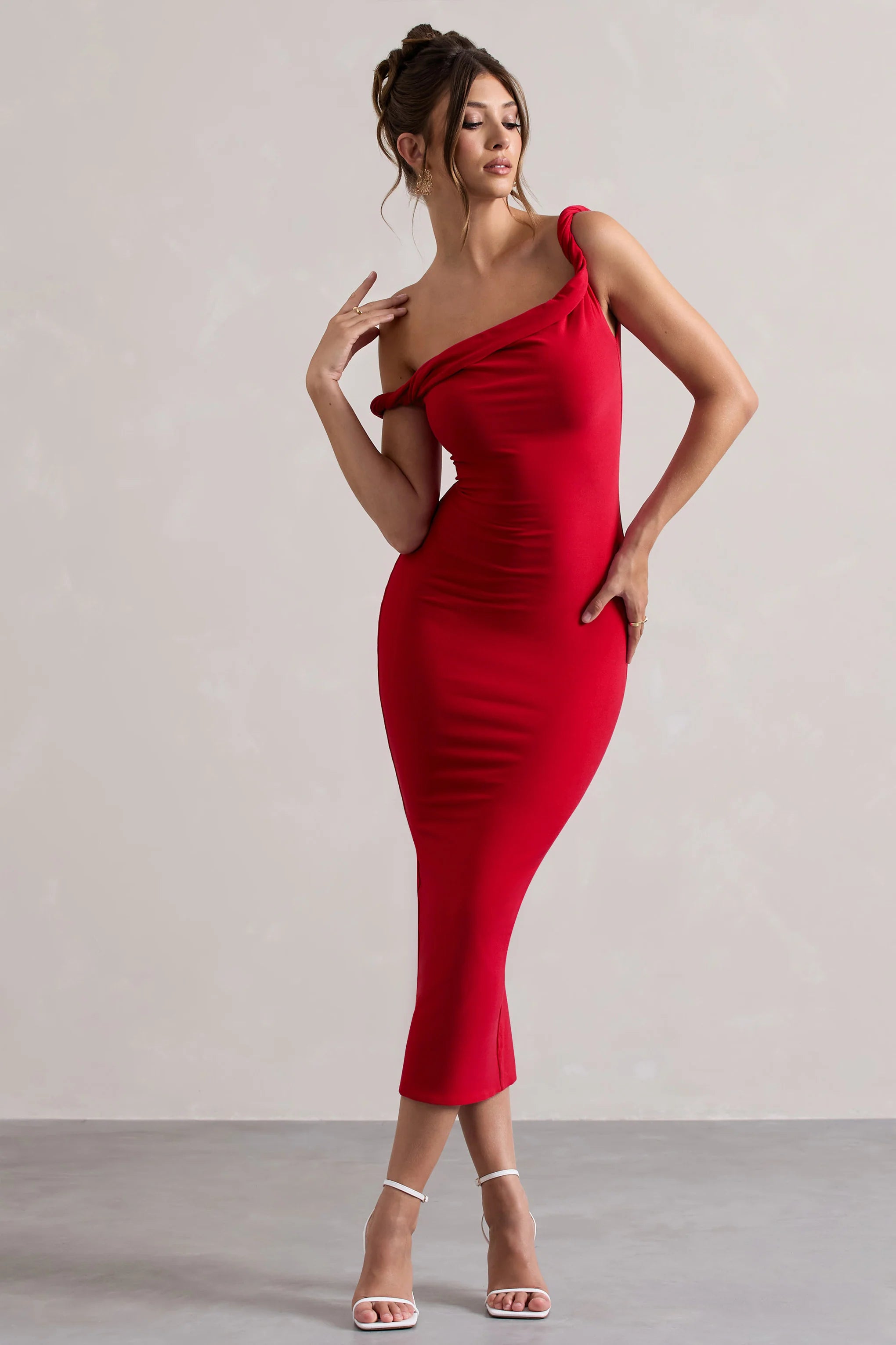 Salome | Red Twisted Asymmetric Midi Dress