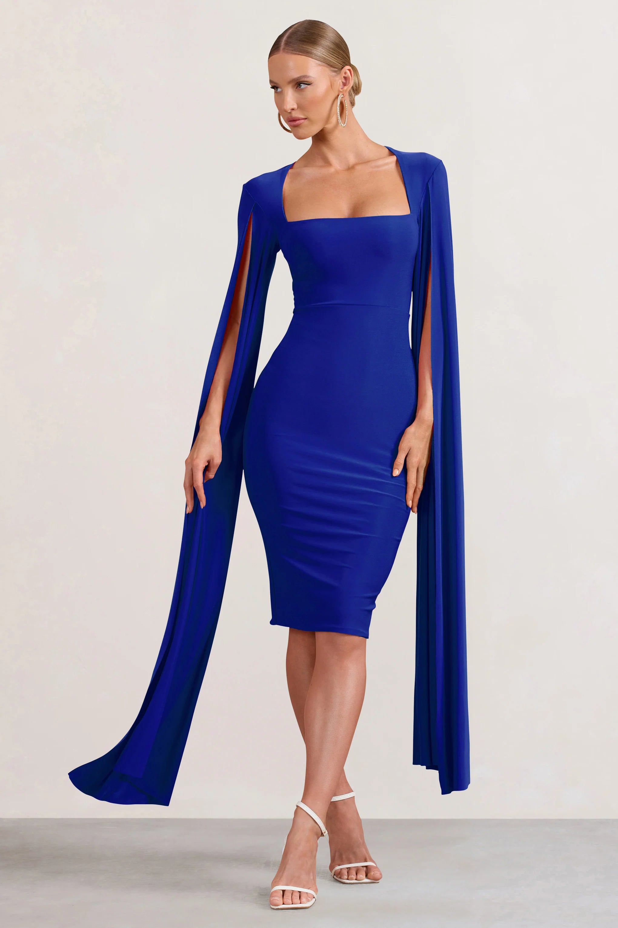 Flawless | Cobalt Blue Square Neck Midi Dress With Cape Sleeves