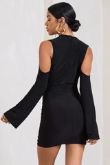 Let's Escape | Black Cowl-Neck Cut-Out Long-Sleeved Mini Dress