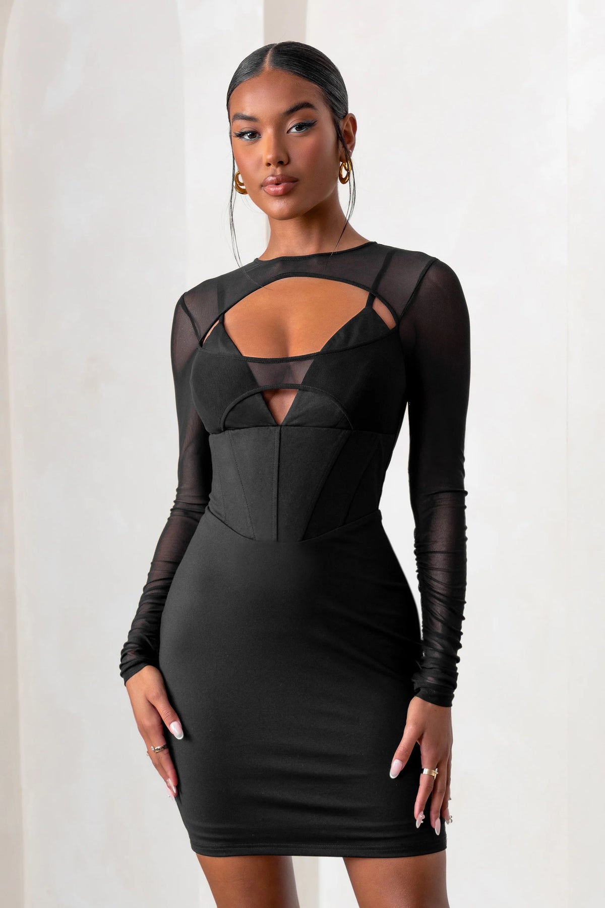 This Moment | Black High Neck Cut Out Mini Dress With Mesh Sleeves