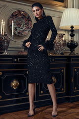 Marilyn | Black Sequin Long-Sleeved Midi Dress With Feather Cuffs