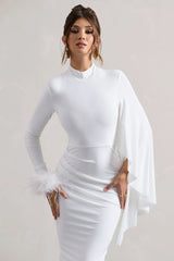 Tamika | White High-Neck Cape-Sleeve Midi Dress With Feathers