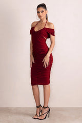 Dulcie | Burgundy Halter Neck Cut Out Ruched Midi Dress