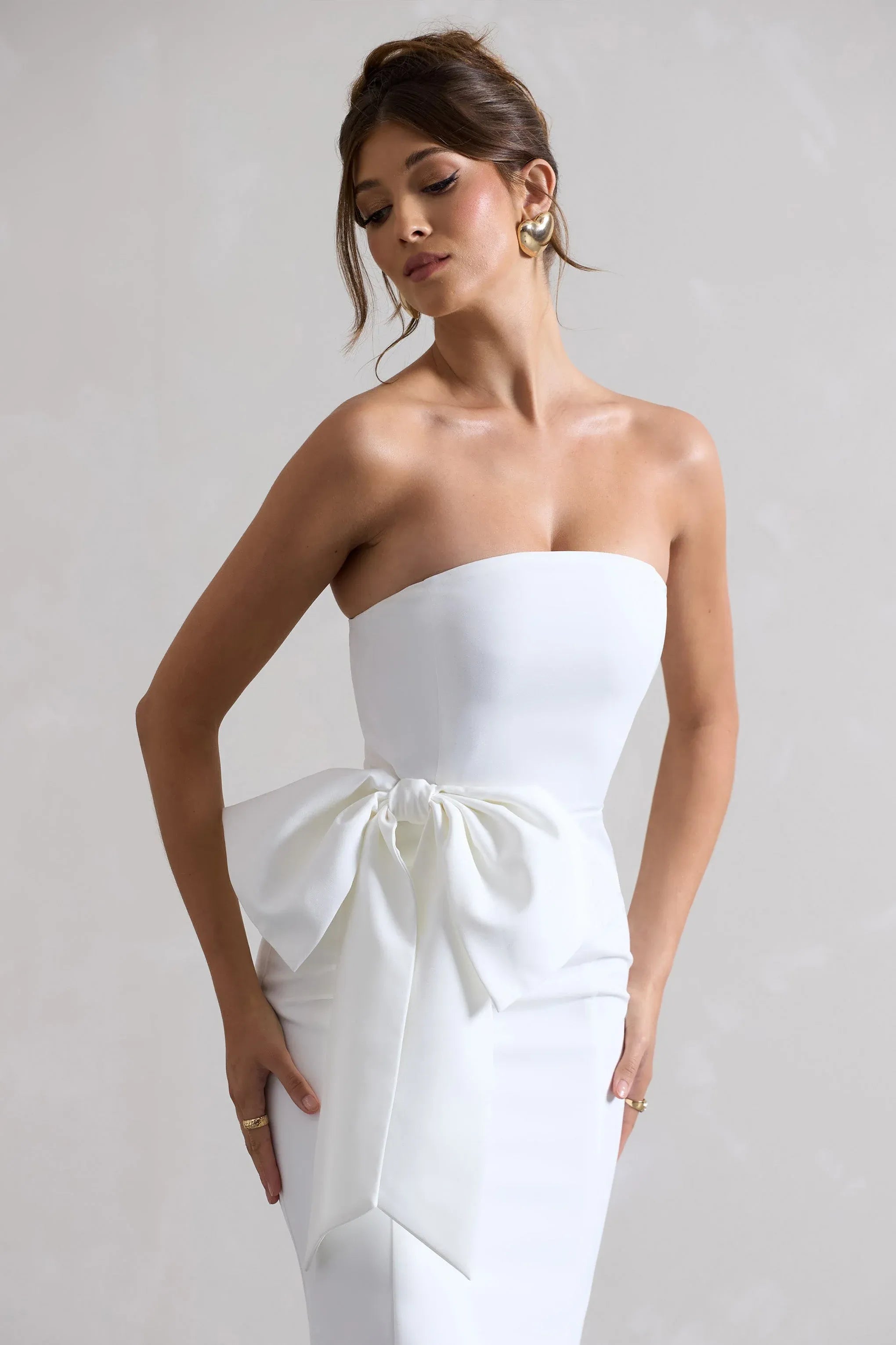 White Bandeau Midi Dress With Oversized Bow