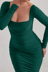 Seductress | Bottle Green Square Neck Bodycon Midi Dress With Long Sleeves