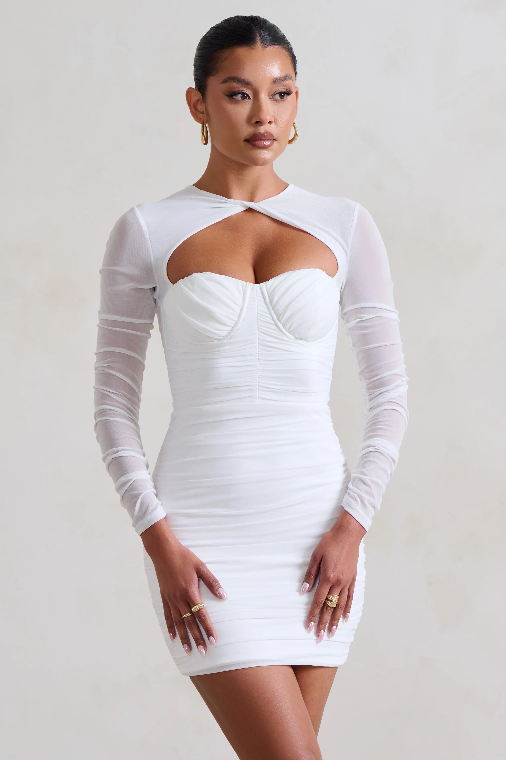 Daiquiri | White Ruched Cut Out Mesh Mini Dress With Long Sleeves