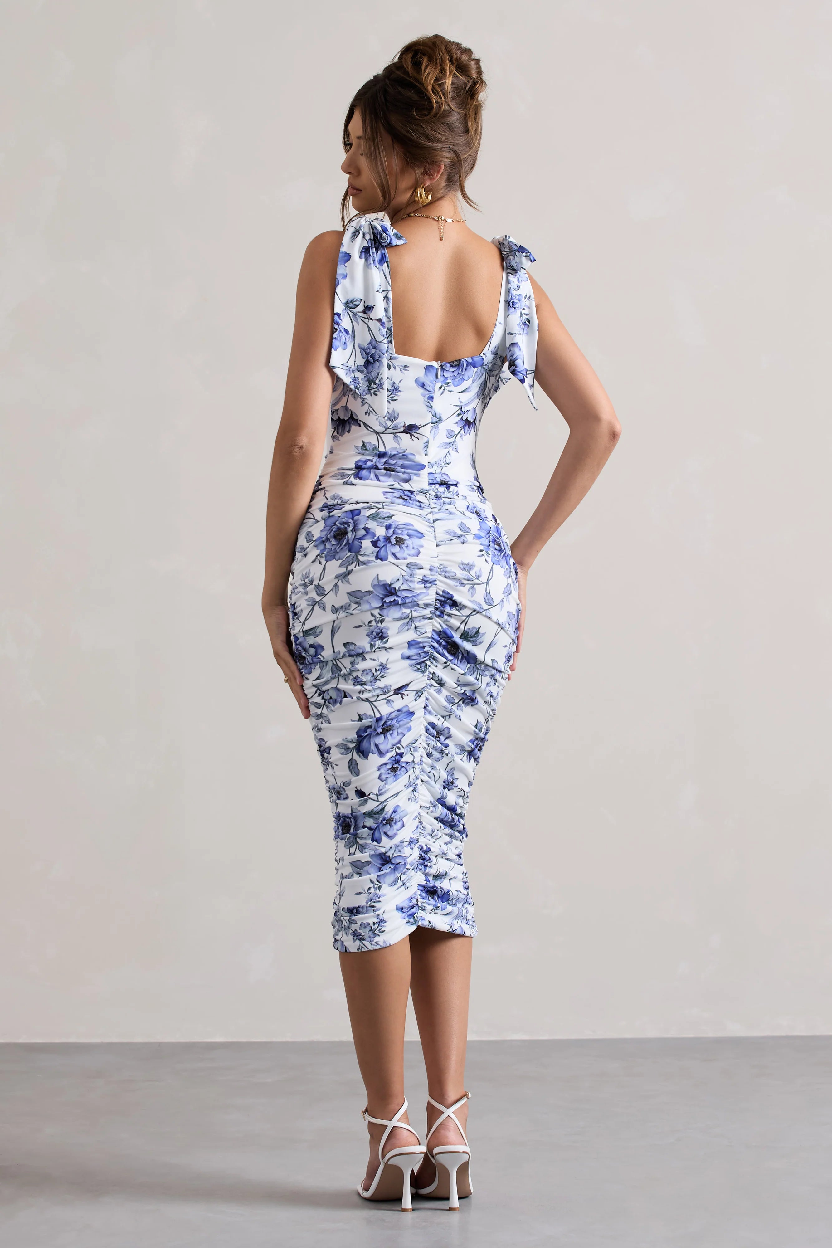 Cordelia | Floral Print Bodycon Midi Dress With Bow Straps