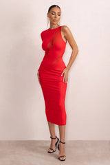 Marya | Red High Neck Asymmetric Mesh Detail Bodycon Midi Dress