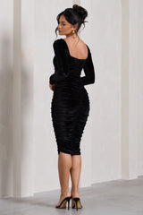 Seductress | Black Velvet Square Neck Bodycon Midi Dress With Long Sleeves