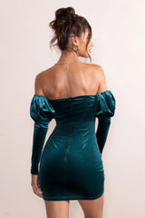 Ivy | Green Velvet Cut Out Mini Dress With Ruffle Sleeves