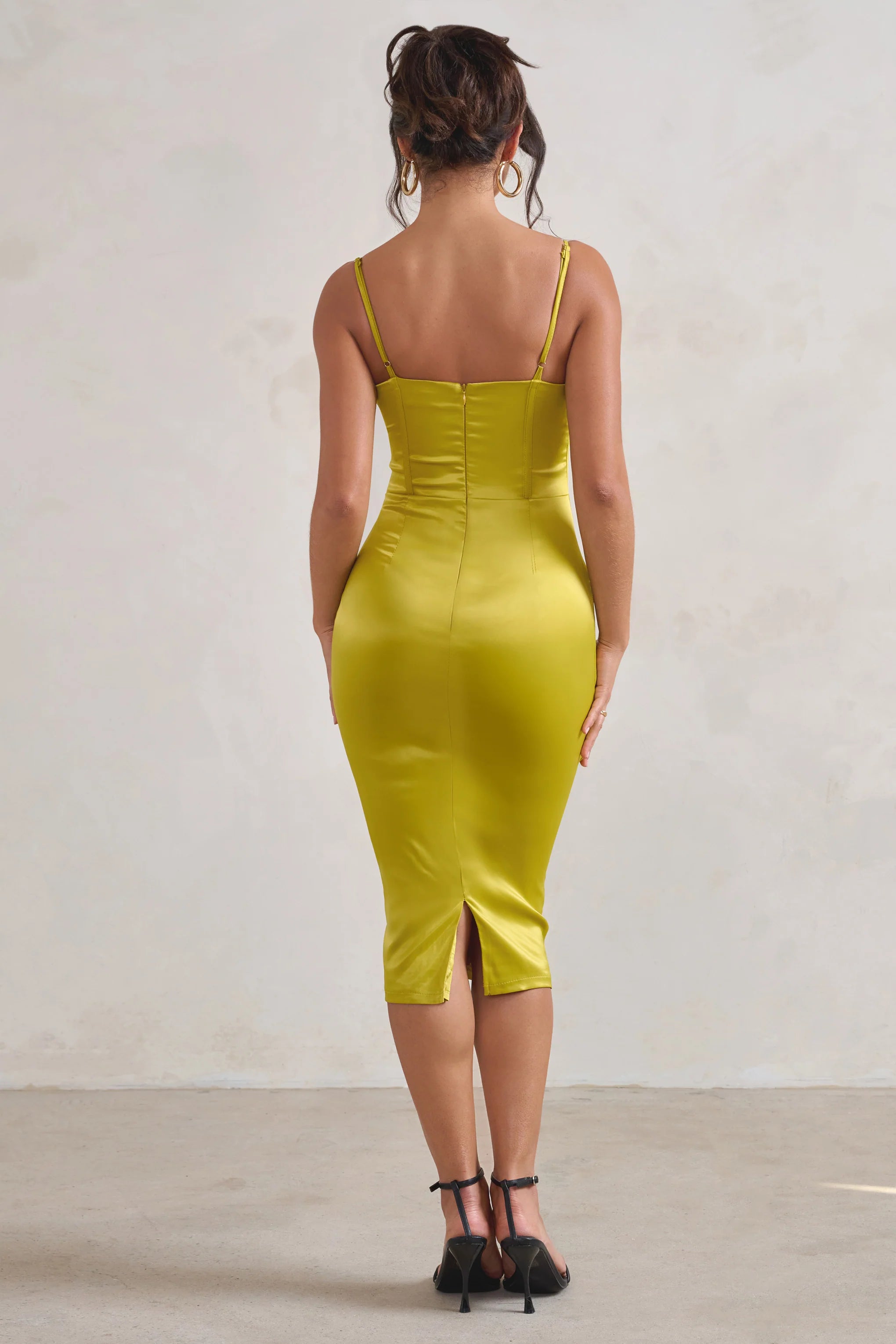 Camilla | Lime Satin Square Neck Corset Bodice Midi Dress