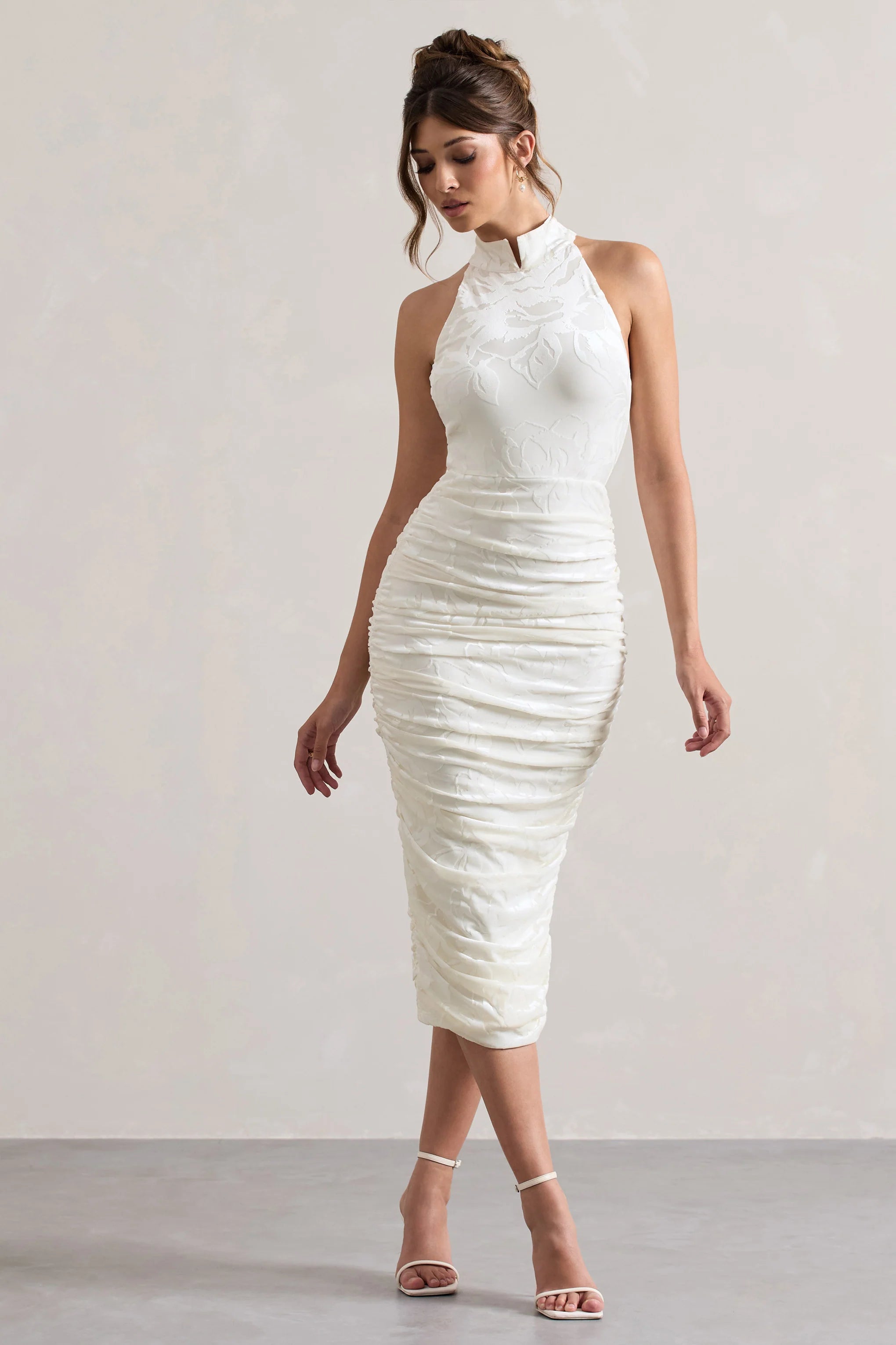 Therese | White Ruched Bodycon High-Neck Midi Dress