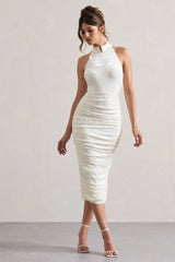 Therese | White Ruched Bodycon High-Neck Midi Dress