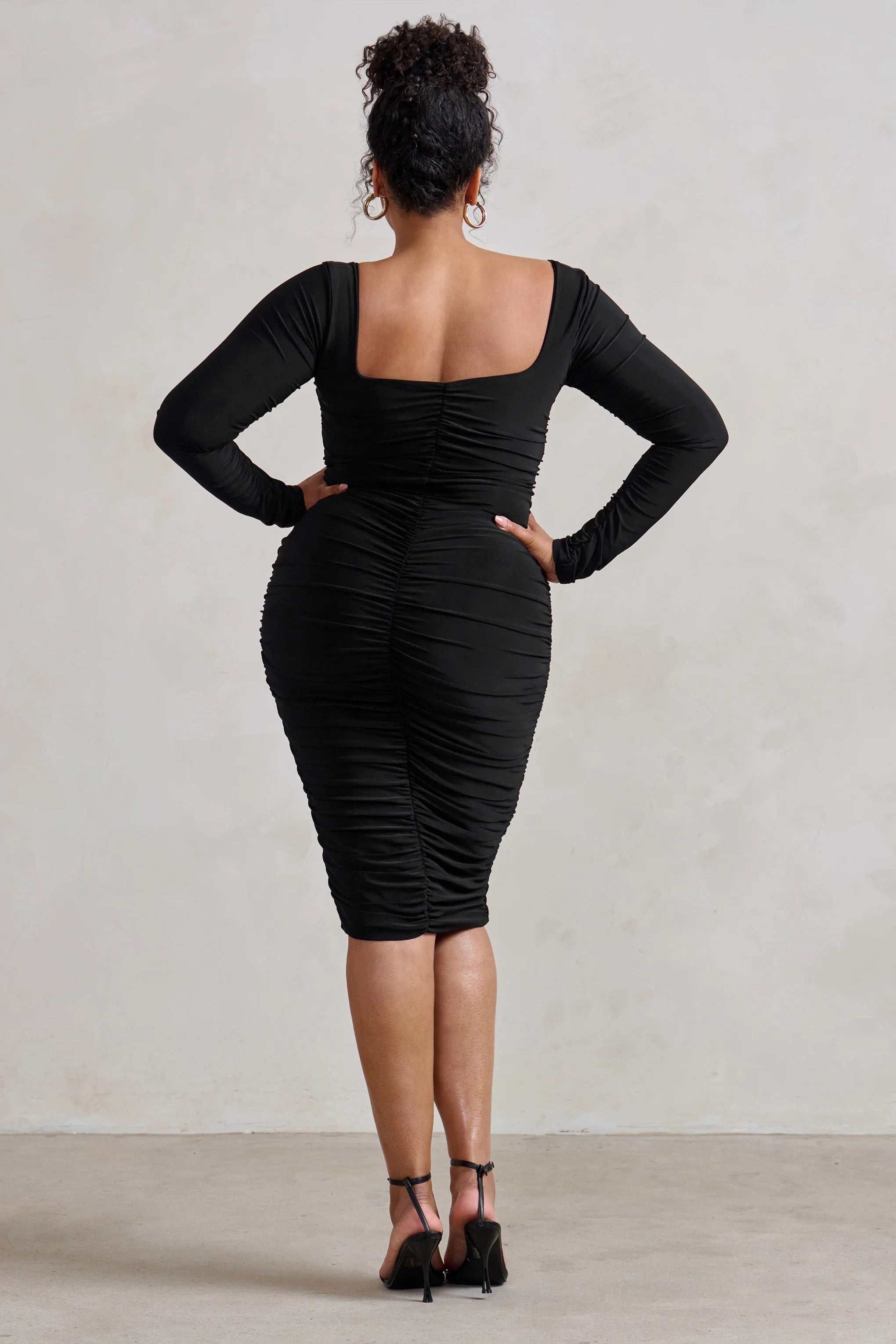 Seductress | Black Long Sleeve Square Neck Ruched Midi Dress