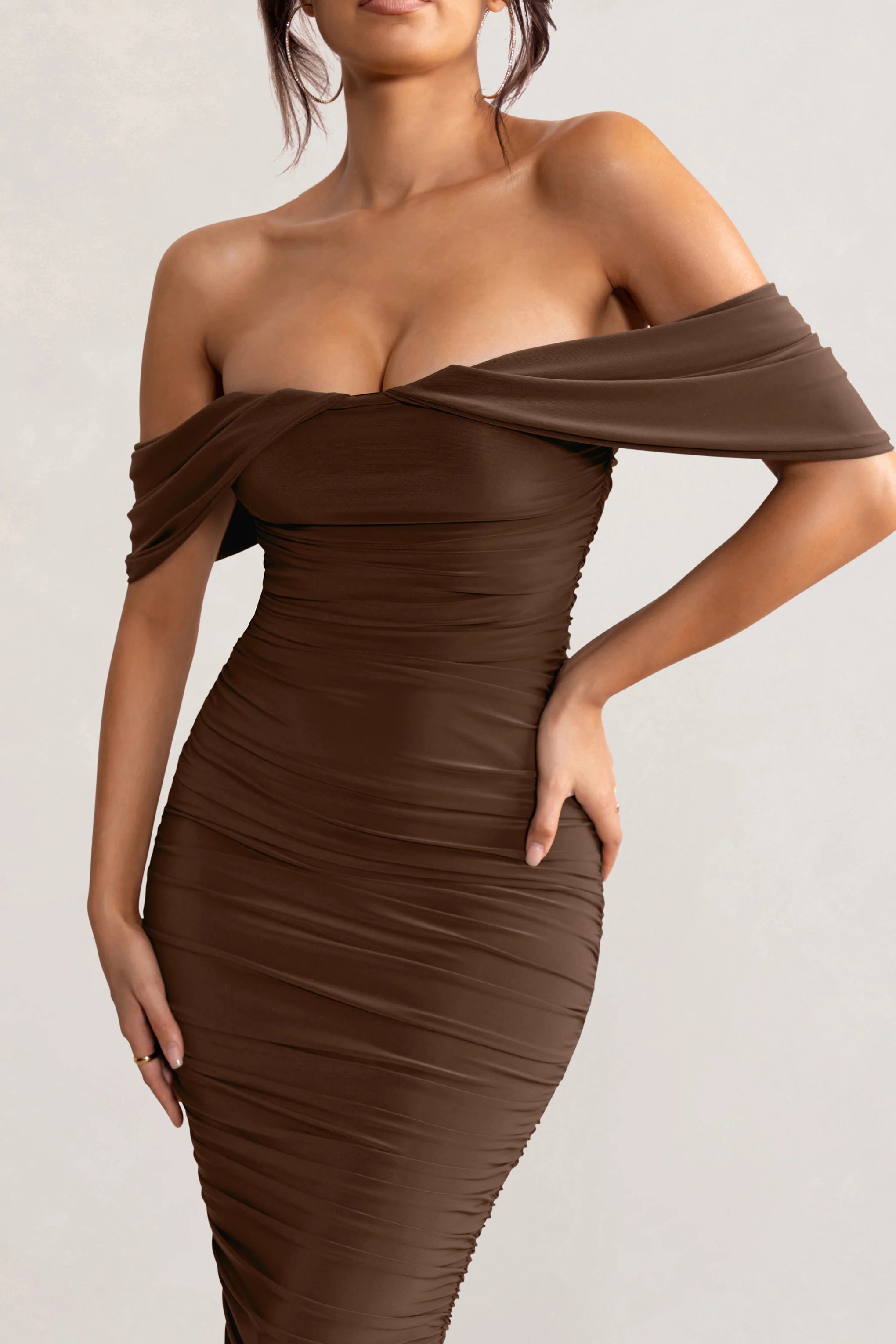 Love Me | Chocolate Off The Shoulders Ruched Midi Dress