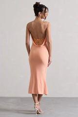 Addison | Coral Cowl-Neck Open-Back Midi Dress With Lace