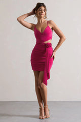 She's Here | Hot Pink Strappy Mini Dress With Flower & Drape