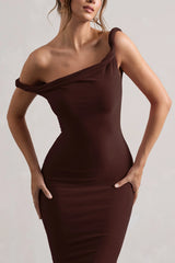 Salome | Chocolate Brown Twisted Asymmetric Midi Dress