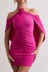 Adriana | Dark Pink Ruched Halter-Neck Draped Mini Dress With Corsage