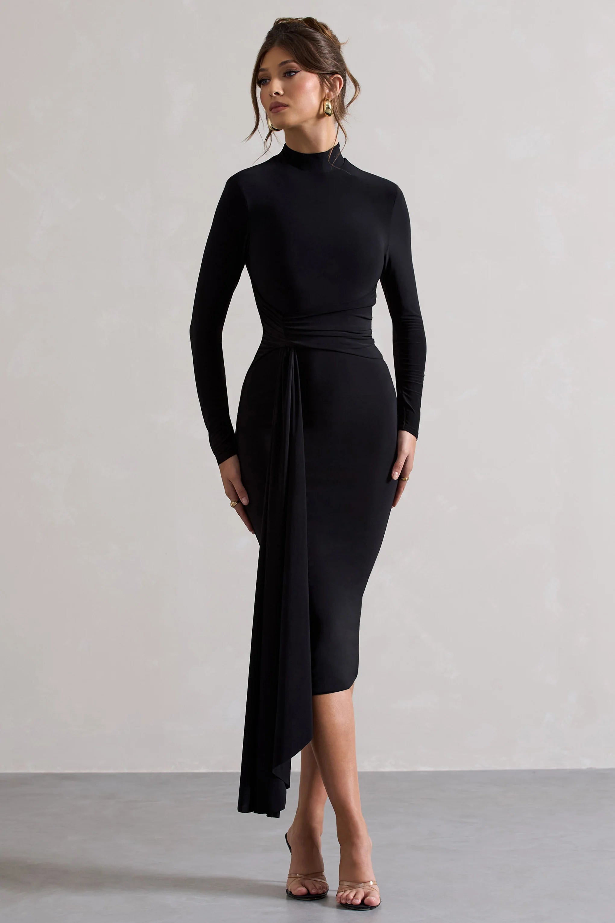 Nikita | Black High-Neck Midi Dress With Drape