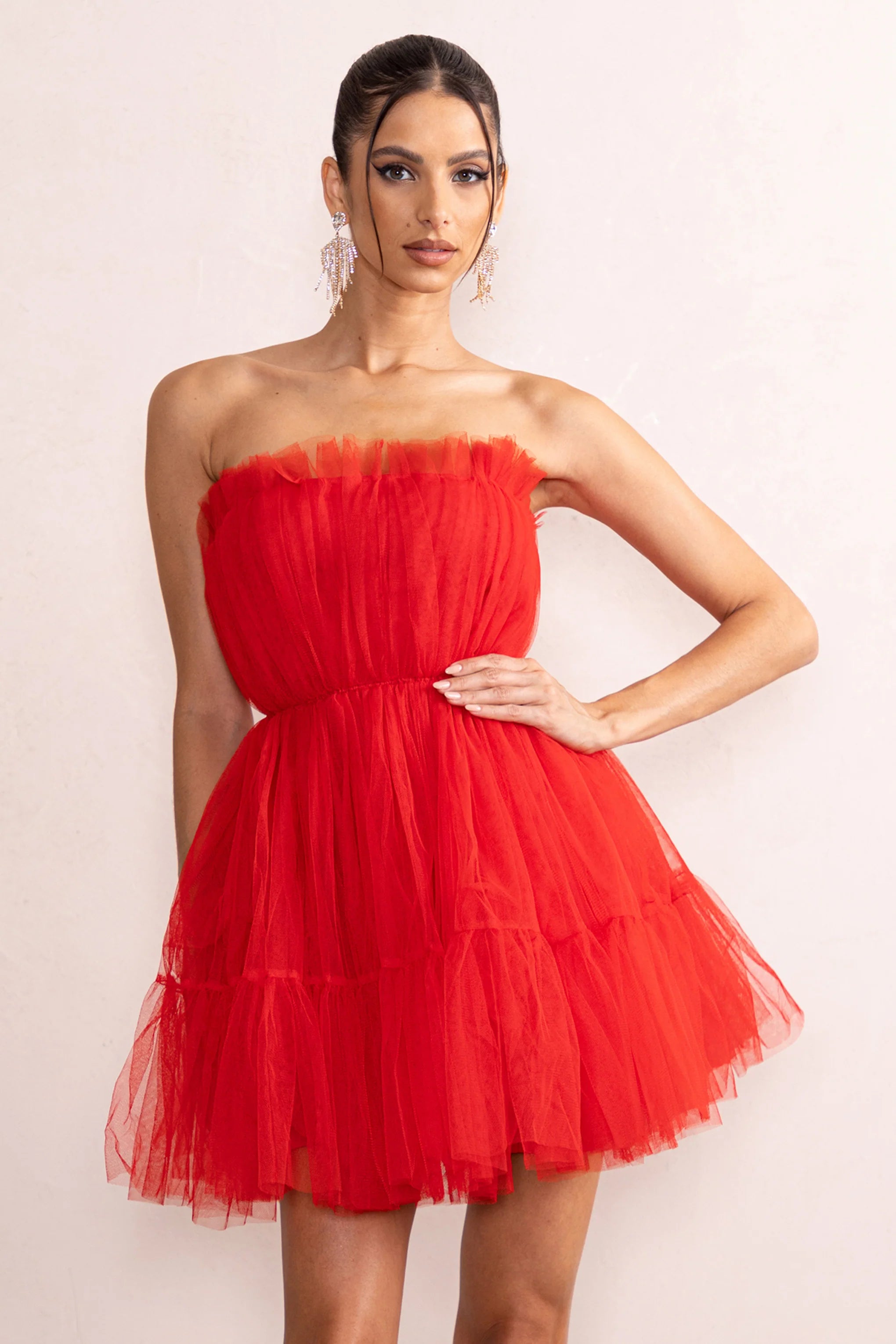 Aella | Red Bandeau Volume Pleated Tulle Mini Dress