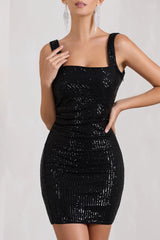 Glimmer | Black Sequin Open-Back Bodycon Mini Dress