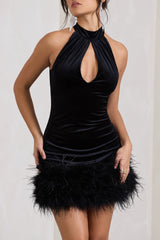 Tillie | Black Velvet High Neck Trapeze Mini Dress With Feather Hem Detail