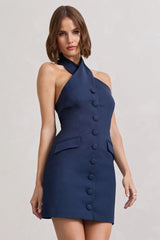 Dani | Navy Halter Neck Tailored Buttoned Bodycon Mini Dress