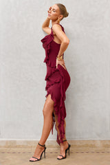 Havana Heat | Burgundy Cowl Ruffle Chiffon Midi Dress