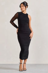 Luciene | Black Ruched Asymmetric Bodycon Midi Dress With Sheer Sleeve