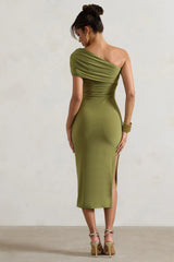 Hawaii | Olive Asymmetric One-Shoulder Split Midi Dress