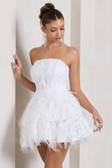 Little Wish | White Sequin Lace Strapless Mini Dress With Feathers