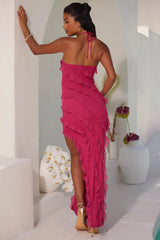 Cross Strap Ruffle Floor Length Dress in Fuchsia