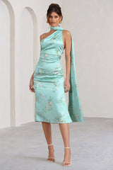 Madame | Mint Green Floral Print Satin Asymmetric Scarf Neck Backless Midi Dress