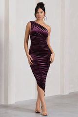 Dorit | Dark Purple Velvet One Shoulder Asymmetric Ruched Midi Dress