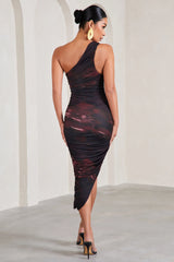 Dorit | Plum Print One Shoulder Asymmetric Ruched Midi Dress