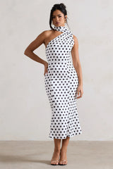 Golden Girl | White Polka Dot One Shoulder High-Neck Flared Midi Dress