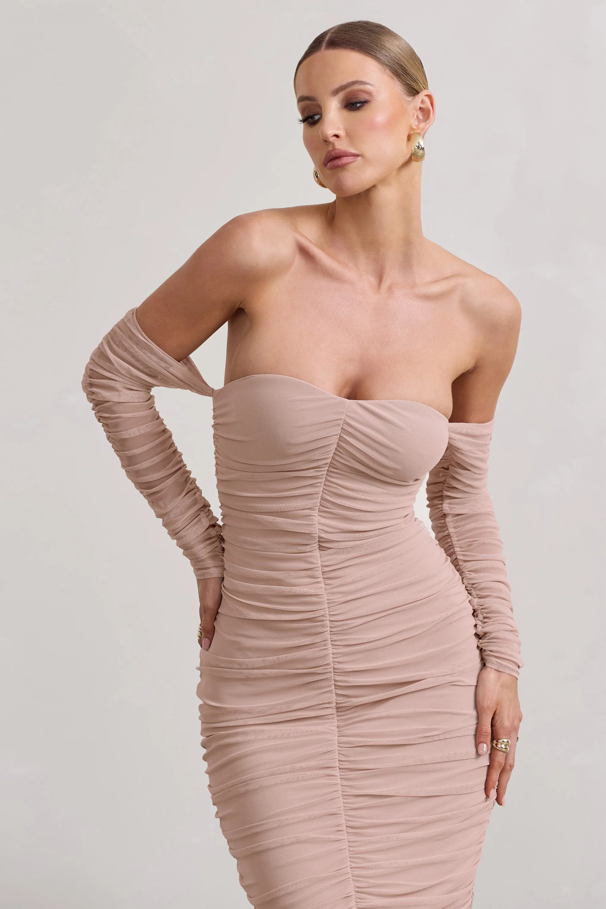 Indy | Champagne Ruched Strapless Long-Sleeve Midi Dress