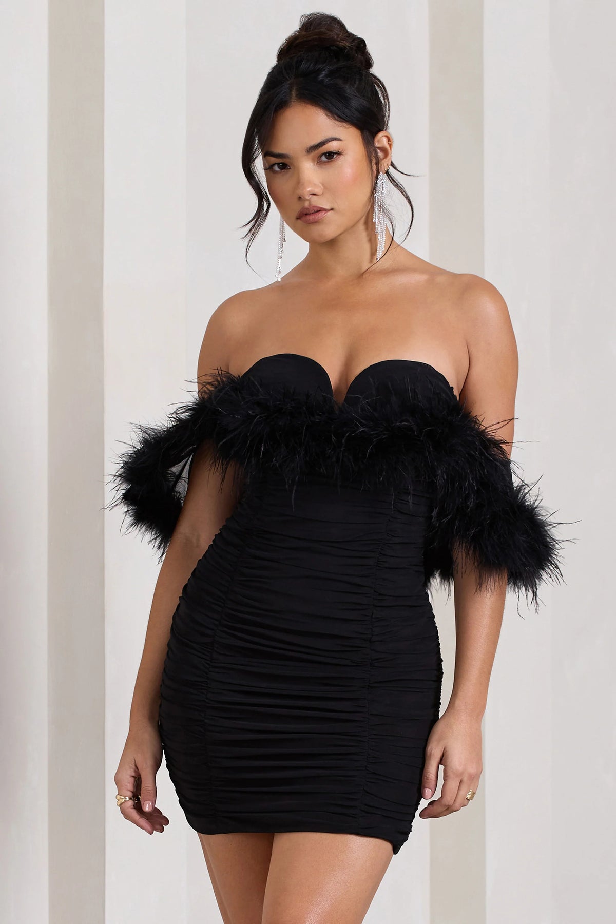 Confetti | Black Sweetheart Mini Dress With Chiffon Feather Sleeves