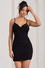 Selene | Black Ruched Strappy Twisted Bodycon Mini Dress