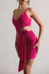 She's Here | Hot Pink Strappy Mini Dress With Flower & Drape