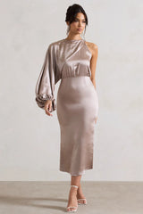 Nola | Taupe Satin One-Sleeve Midi Dress