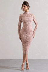 Rumour | Blush Pink Lace High-Neck Midi Dress