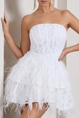 Little Wish | White Sequin Lace Strapless Mini Dress With Feathers