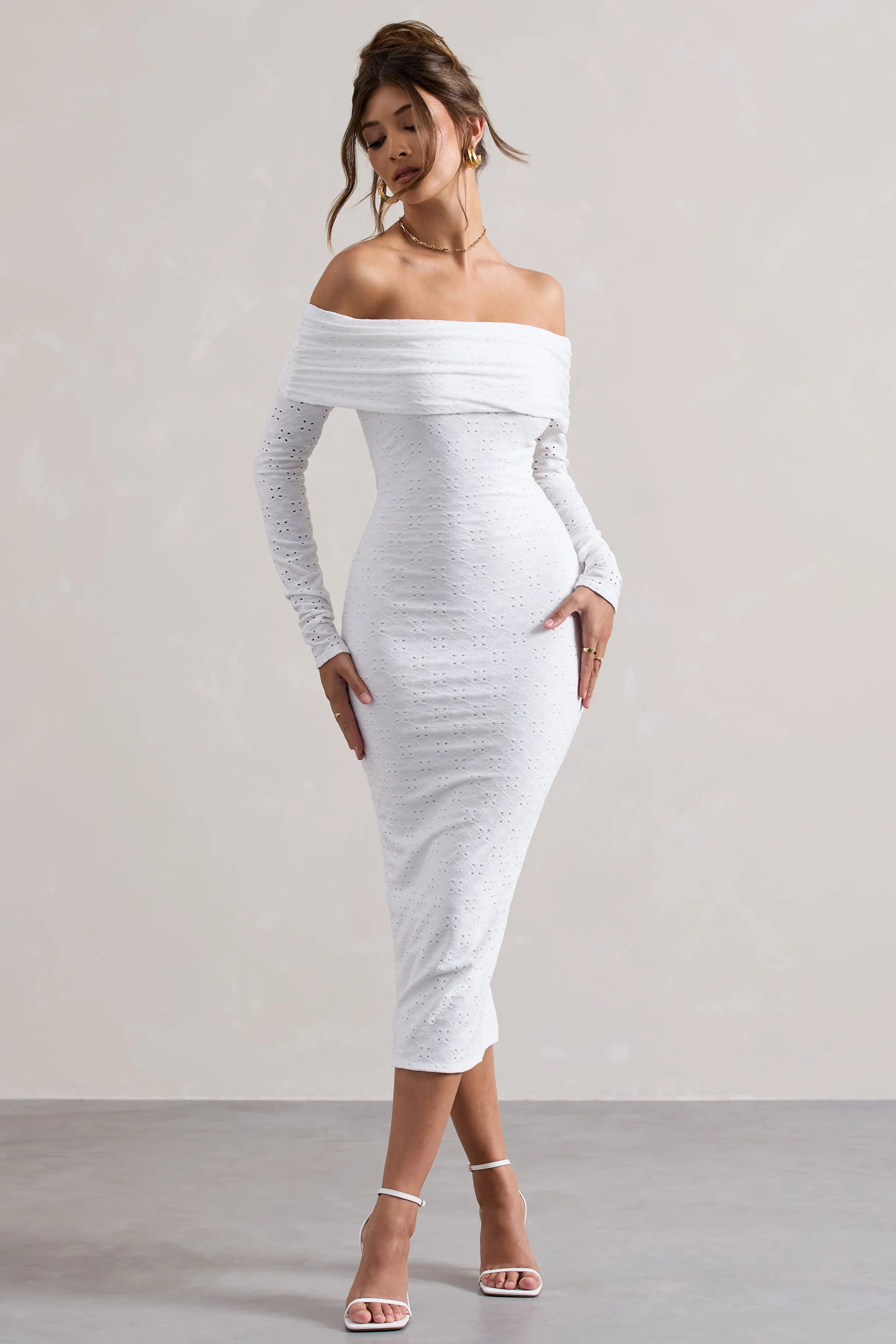 Emmeline | White Knitted Broderie Bardot Midi Dress