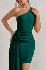 Charlie | Bottle Green One Shoulder Ruched Mini Dress With Statement Drape