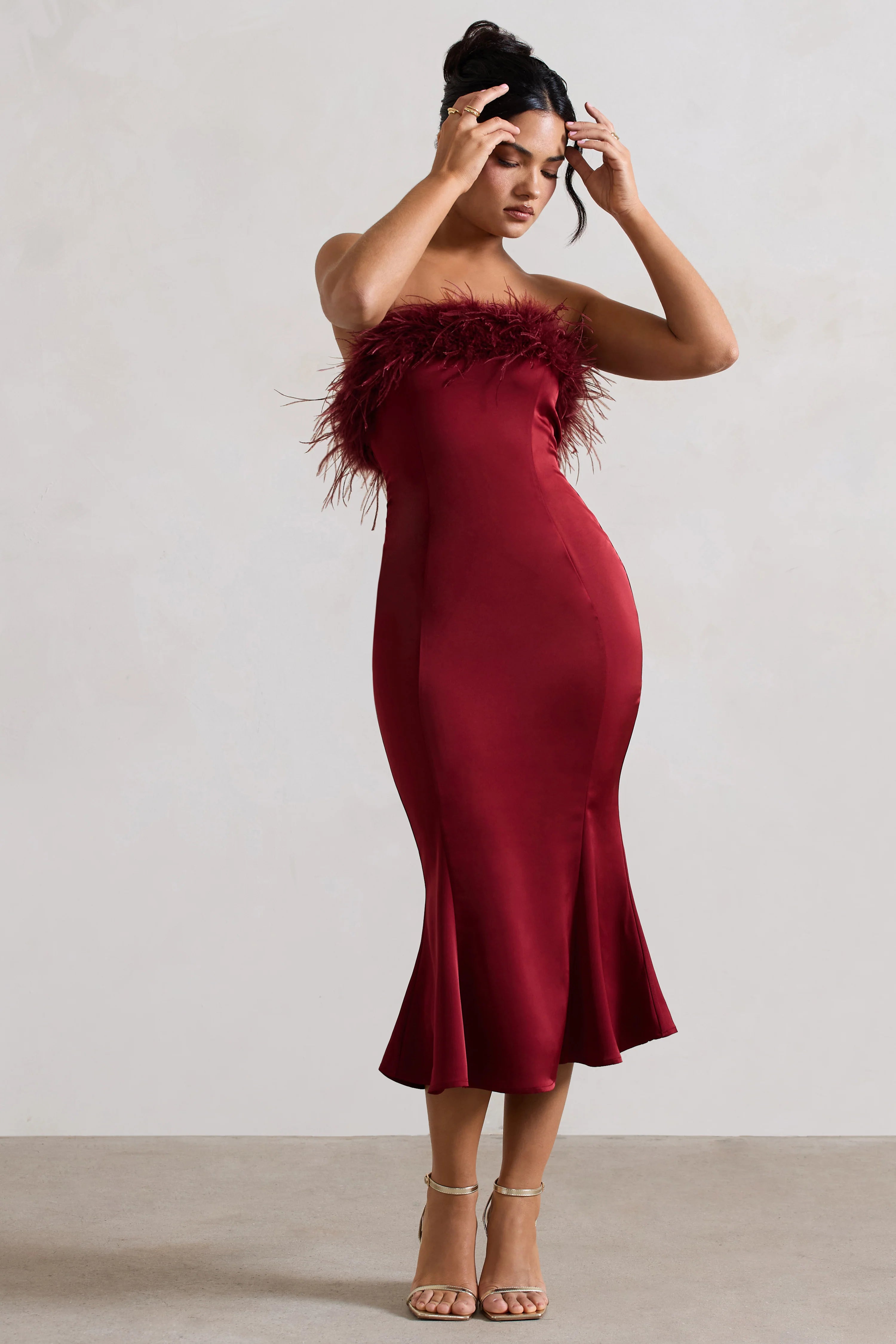 One And Only | Berry Satin Feather Trim Midi Dress